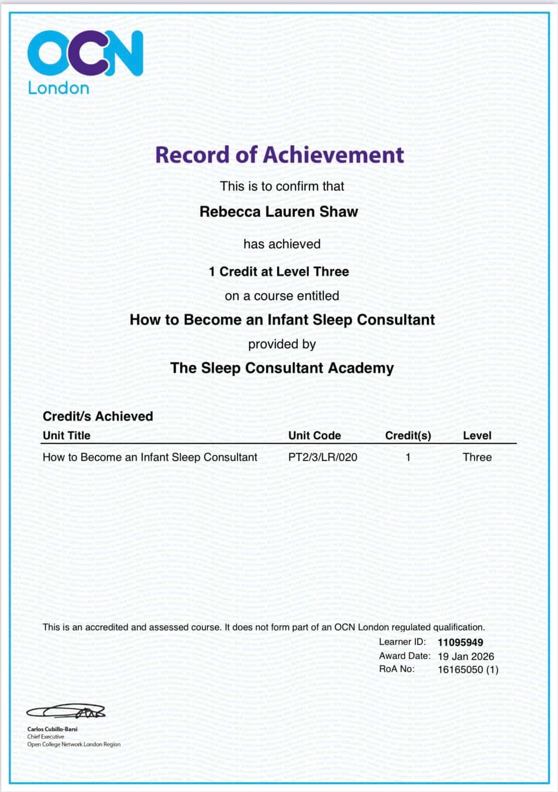OCN London Record of Achievement in infant sleep consultancy awarded to Rebecca Lauren Shaw