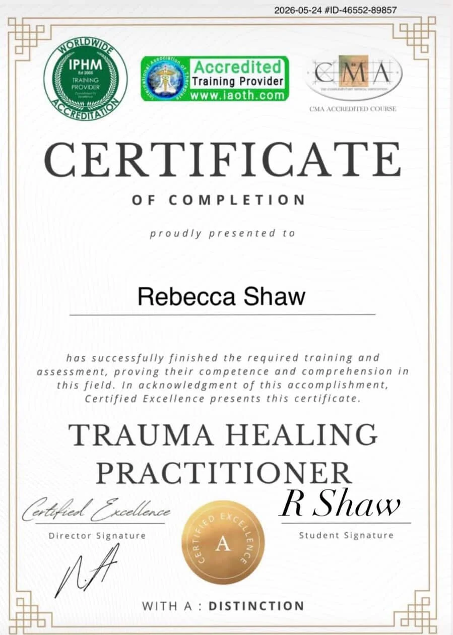 Trauma Healing Practitioner certificate awarded to Rebecca Shaw